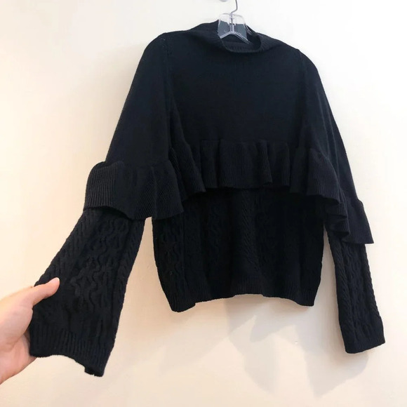 Project Naadam Black Cotton Acrylic Blend Ruffled Mock Neck Knit Sweater Medium - Picture 4 of 11